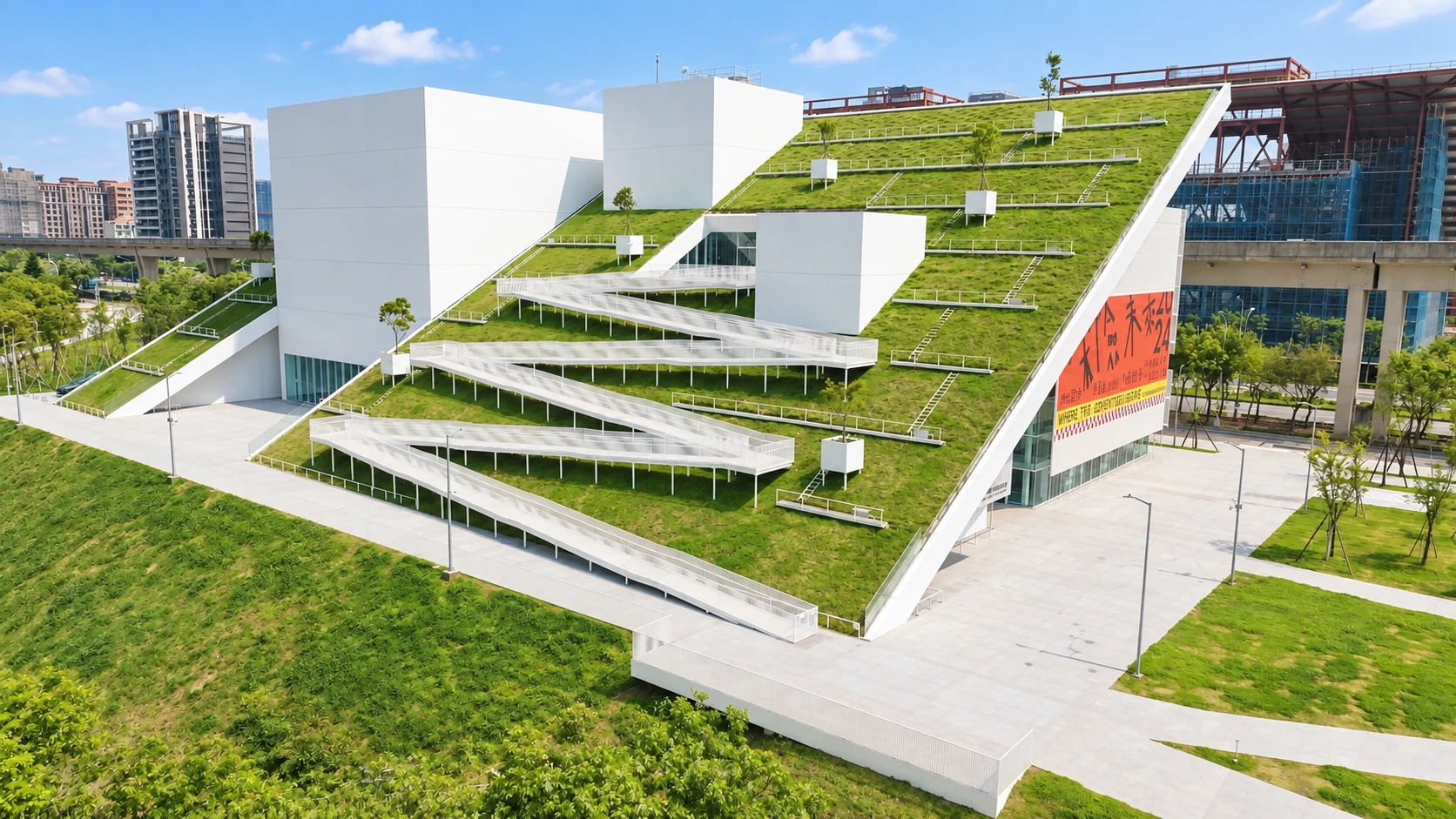 桃園市兒童美術館白色建築與綠坡屋頂