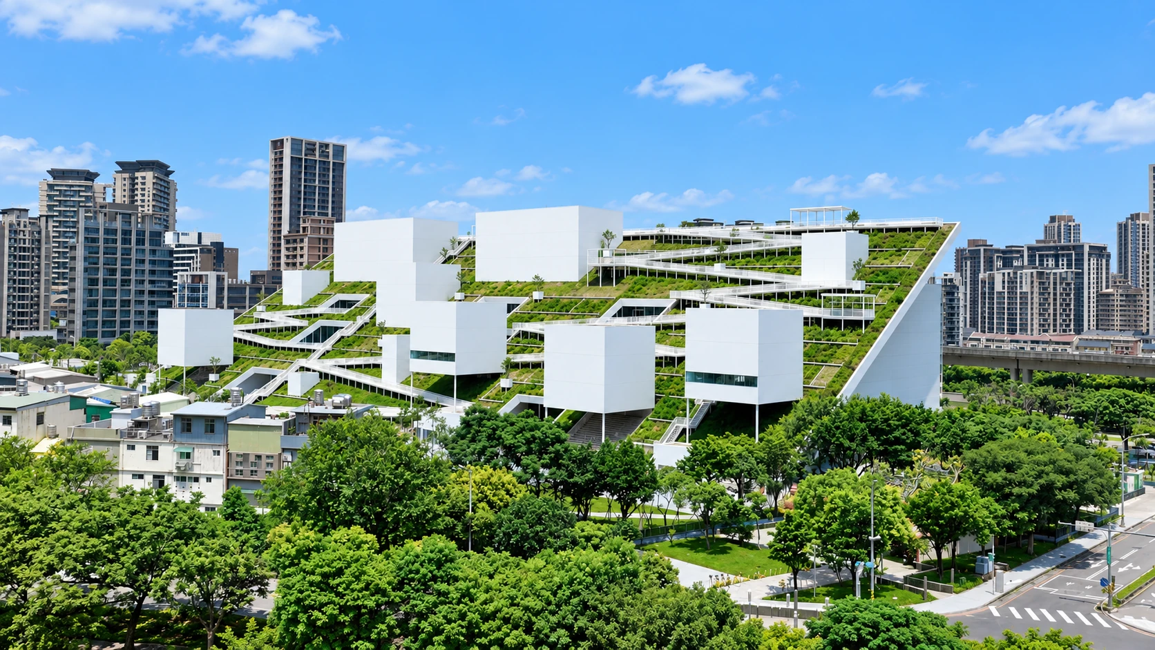 桃園市立美術館總館的山丘建築與綠地